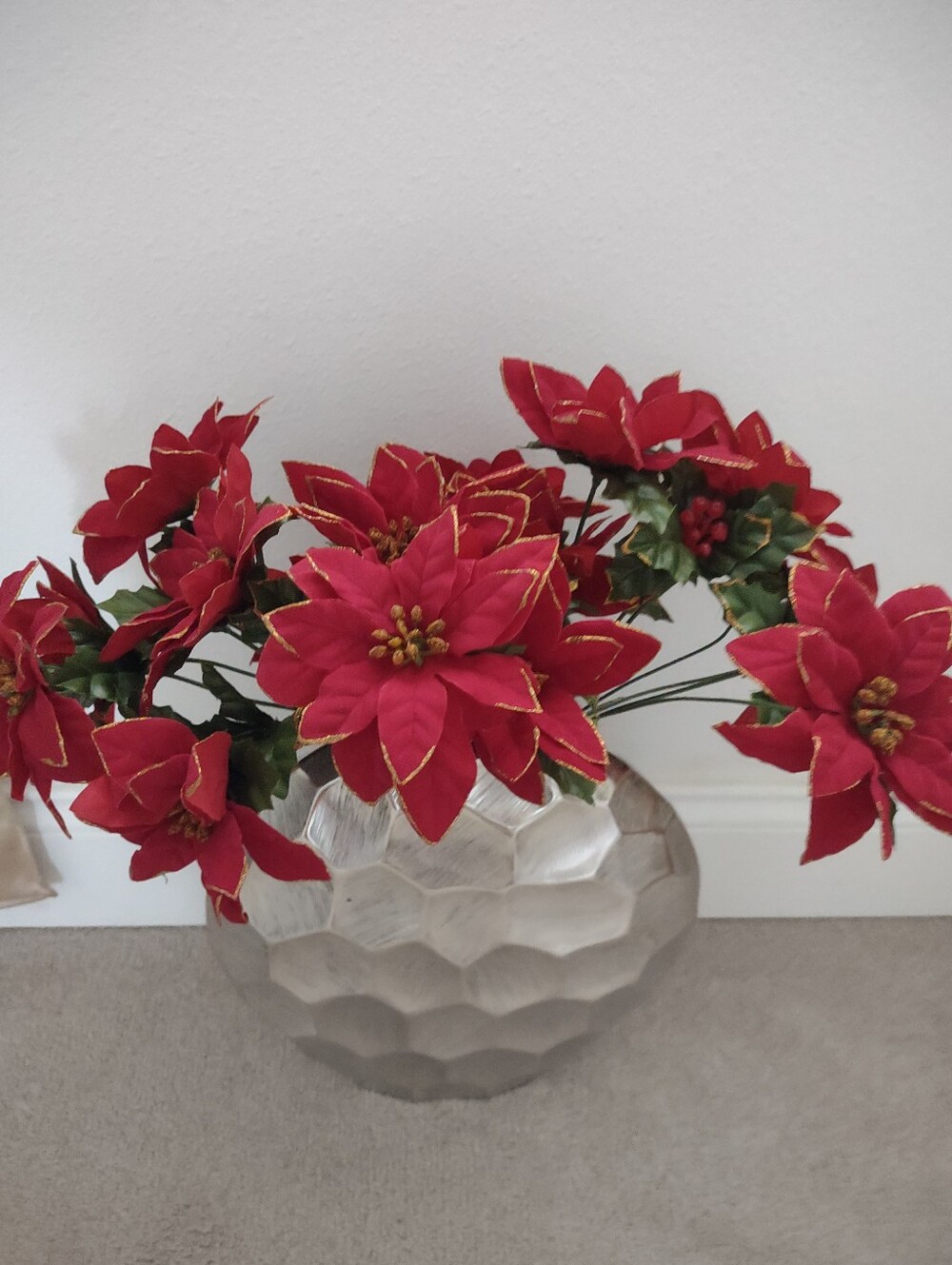 Holiday Poinsettia Velvet Sparkle Gold Trim  Holly Berries Faux Flowers